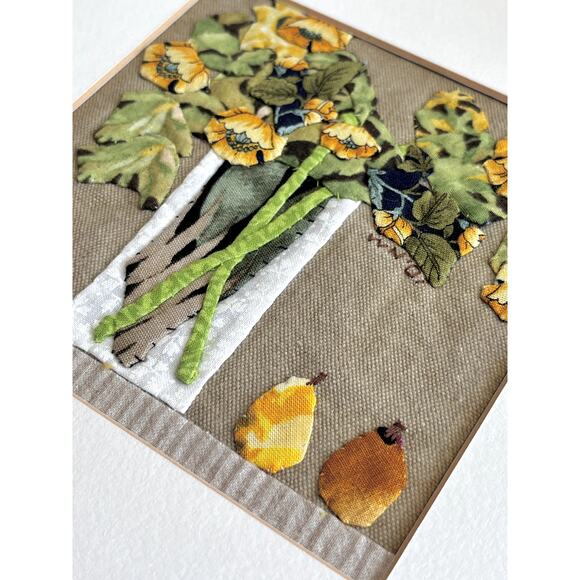 Fabric Collage by Wilda Northrop Yellow Flowers & Pear Signed Textile Art Floral - Picture 4 of 16